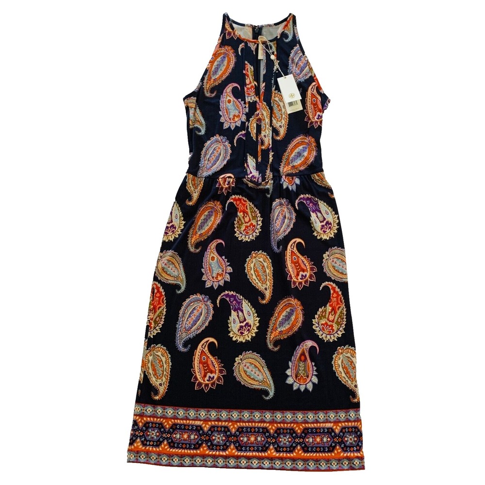 NWT Tory Burch Libby Silk Jersey Keyhole Cut-out Midi Paisley Dress XS 00 0 Navy